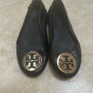 Tory Burch Black Flats with Gold Emblem